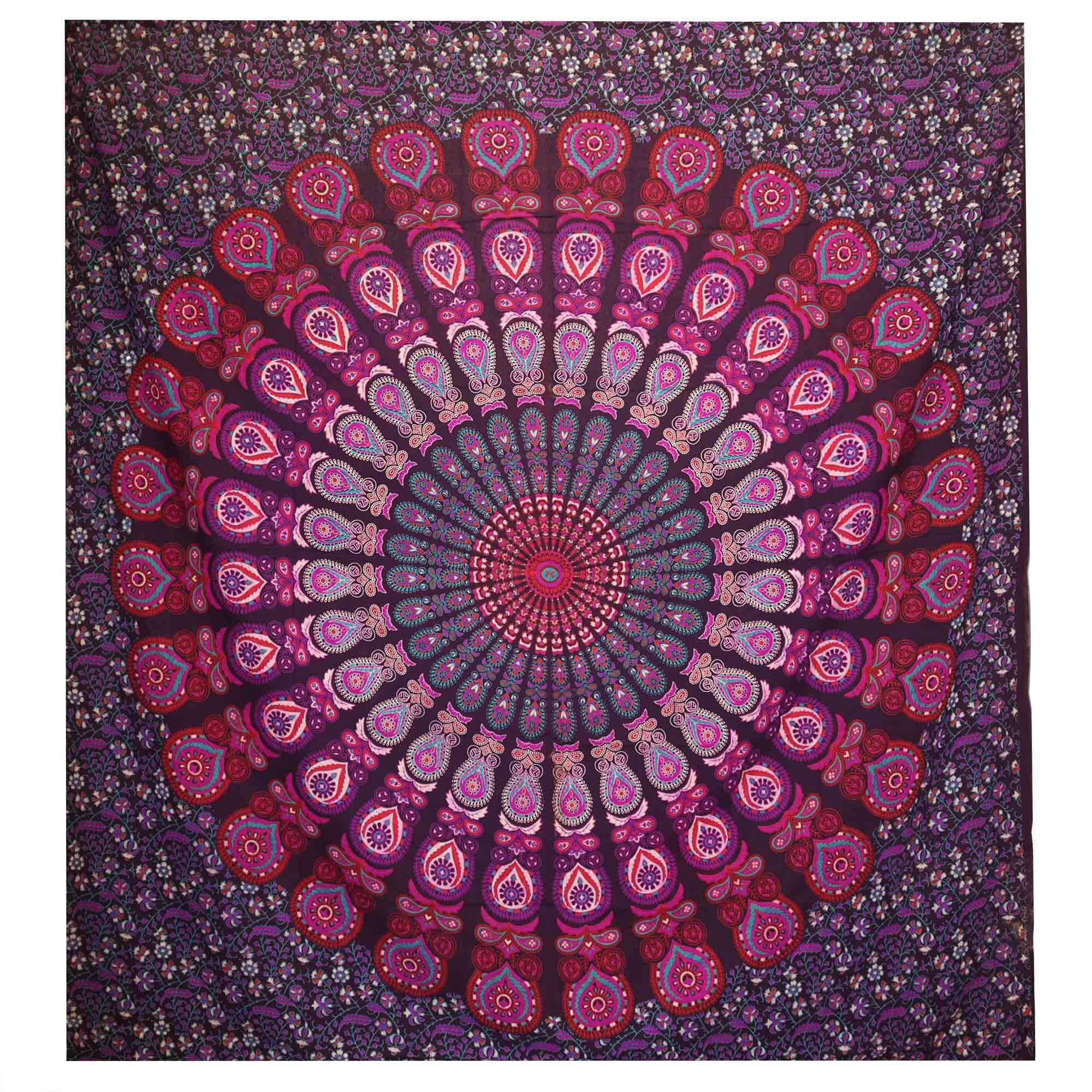 Couette double en coton + tenture murale - Mandala Paon - Violet