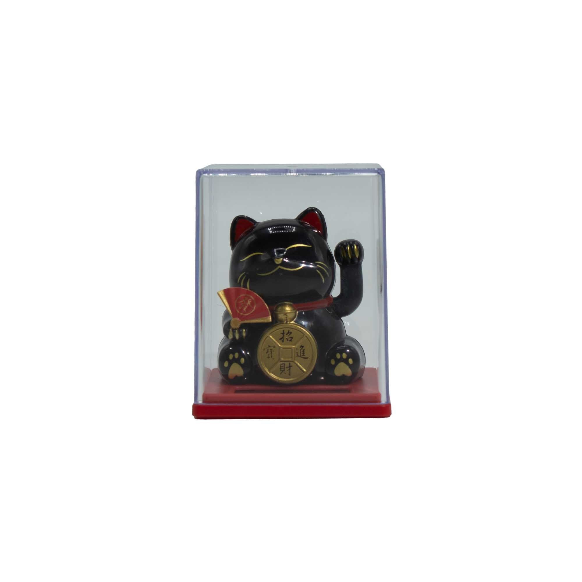 Mini chat porte-bonheur solaire en boîte - Noir
