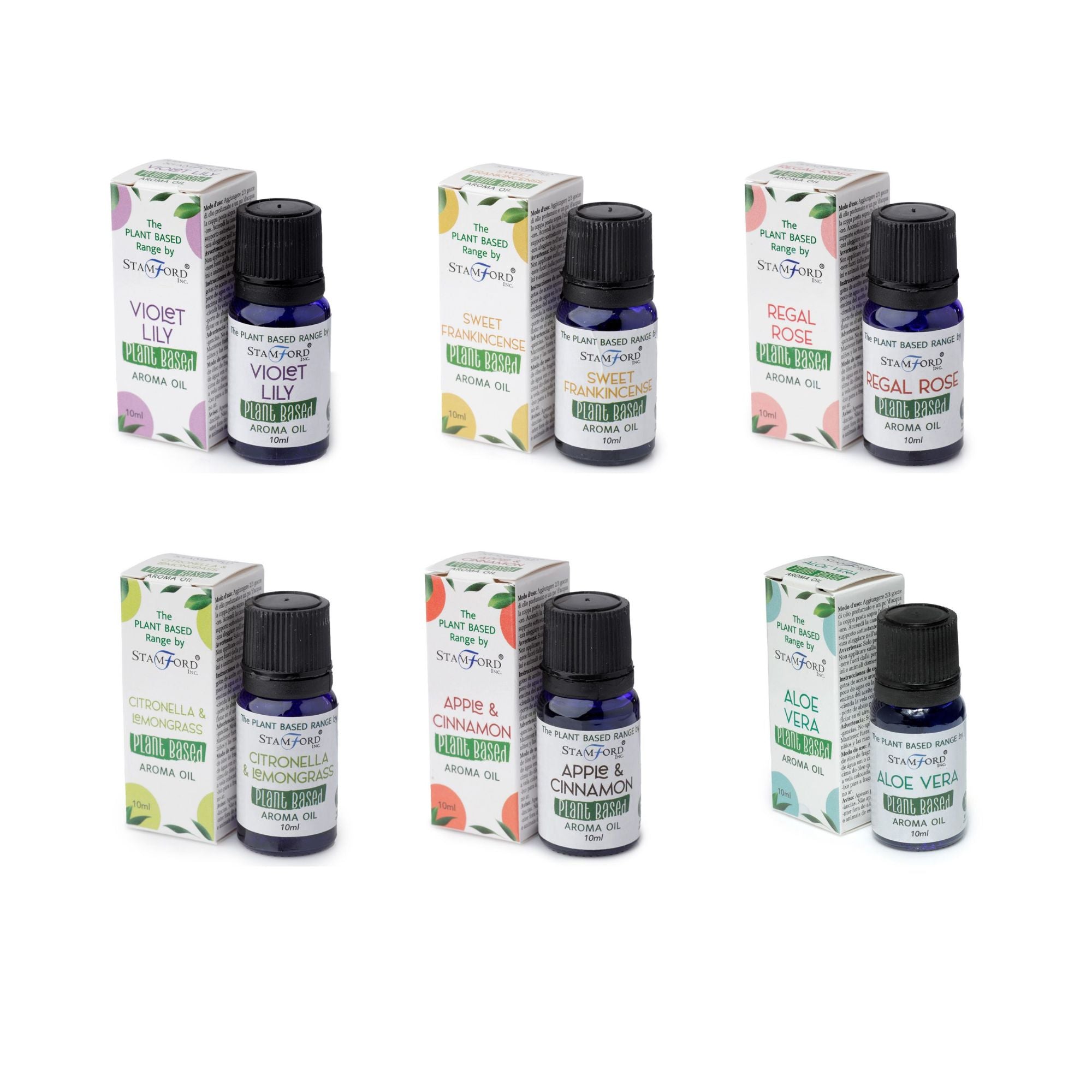 Lot de 6 huiles essentielles végétales assorties : aloe vera, cannelle et pomme, citronnelle, rose royale, encens doux, lys violet