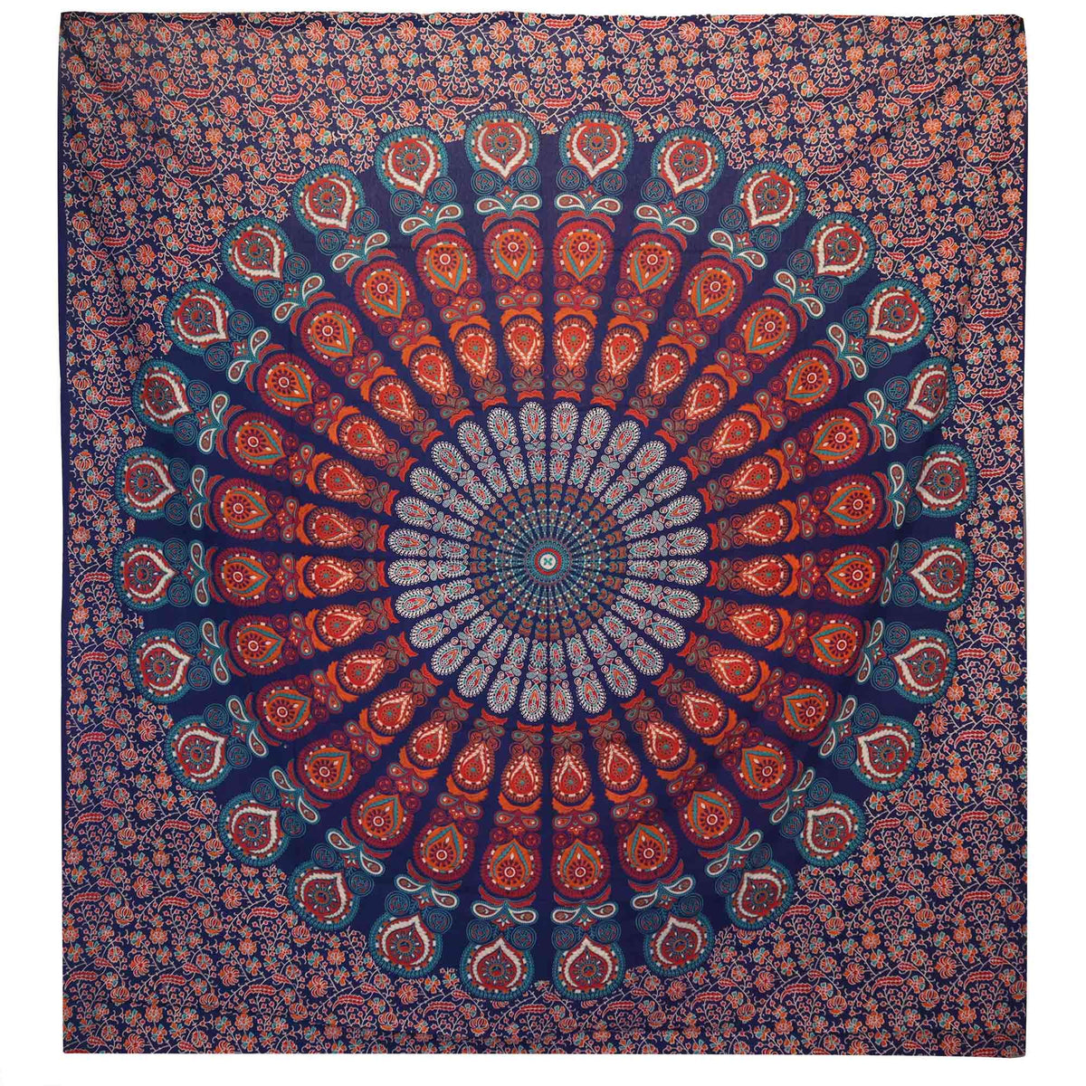 Couette double en coton + tenture murale - Mandala Paon - Bleu
