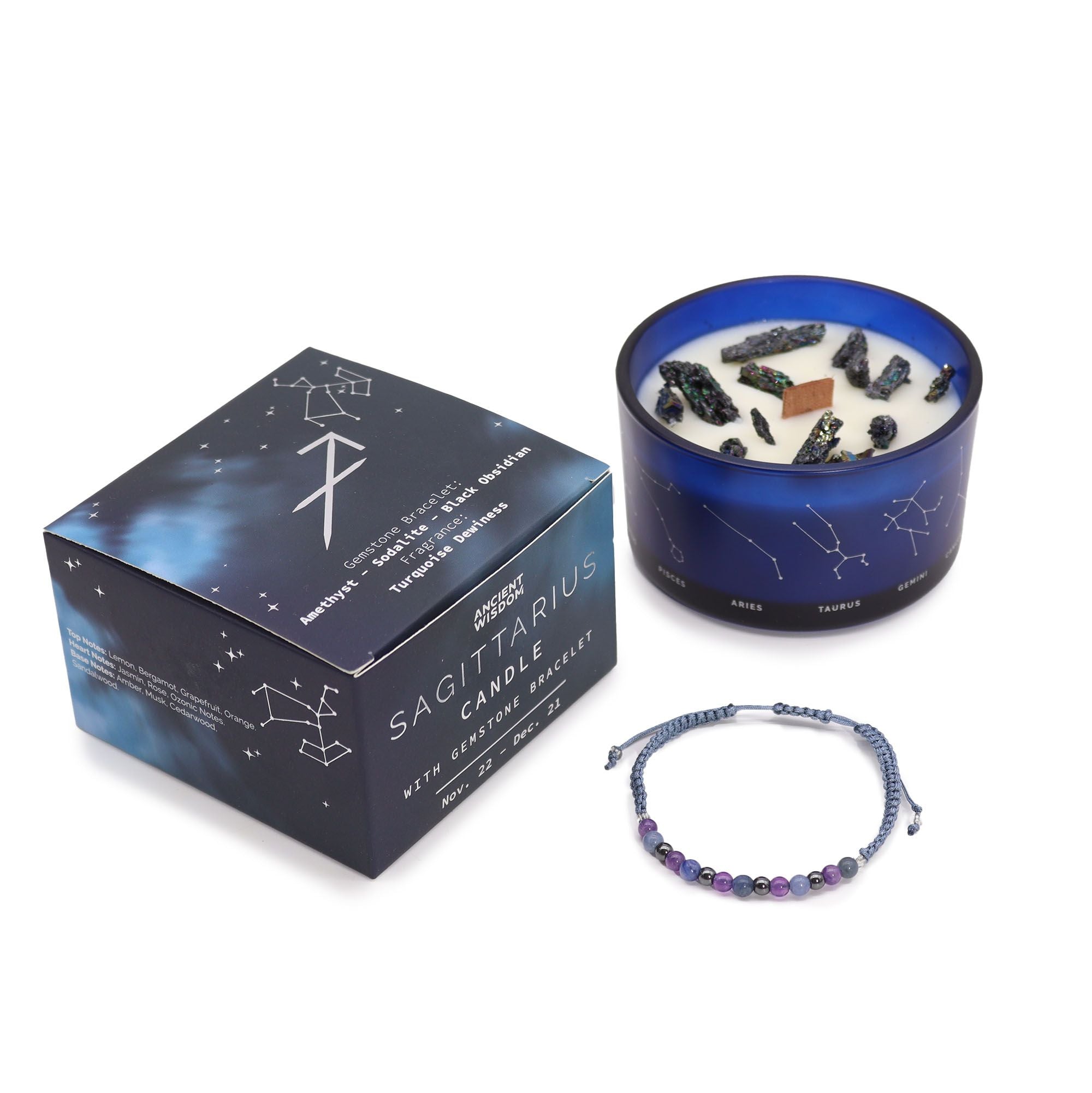 Bougie en cristal du zodiaque avec bracelet en pierre précieuse - Sagittaire