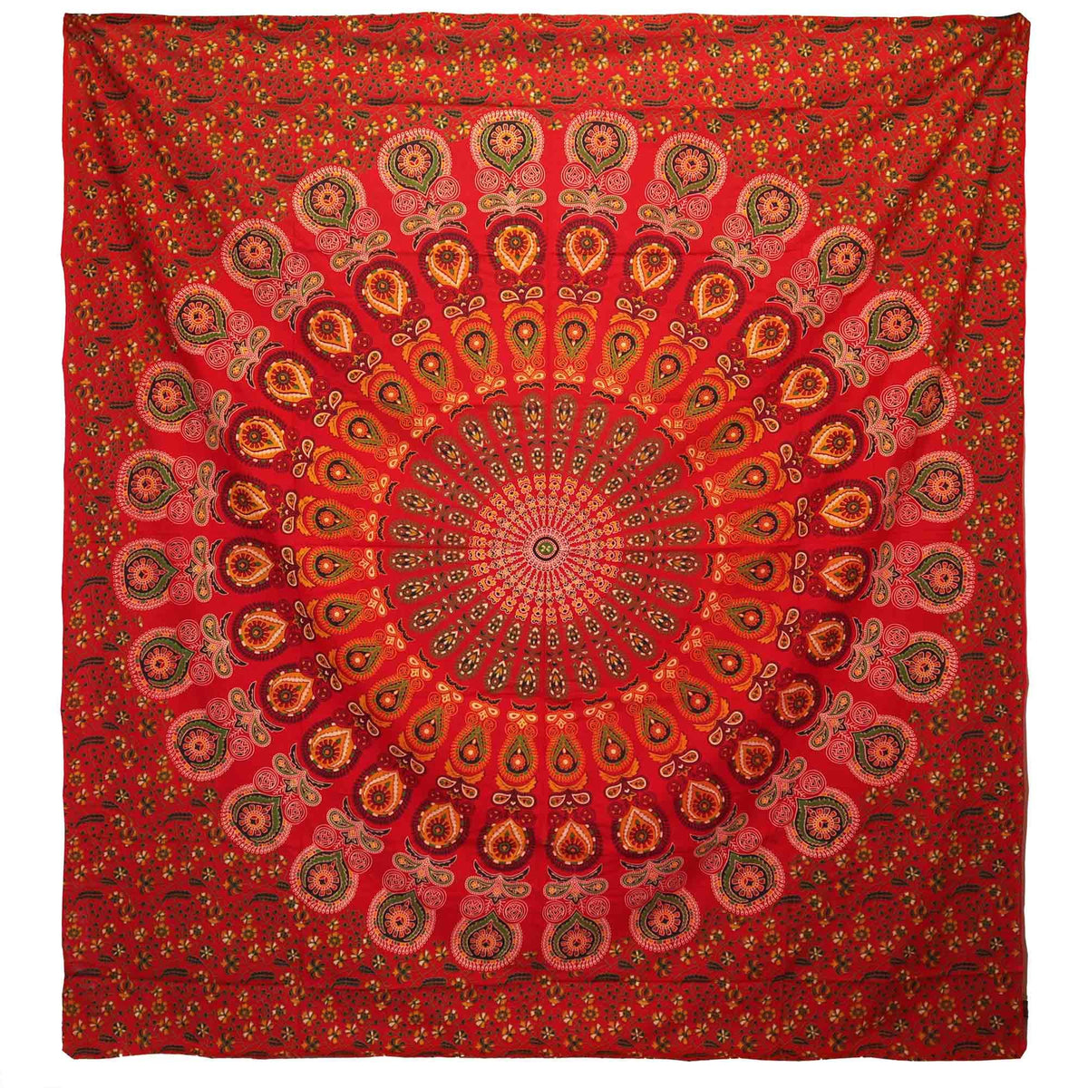 Couette double en coton + tenture murale - Mandala Paon - Rouge