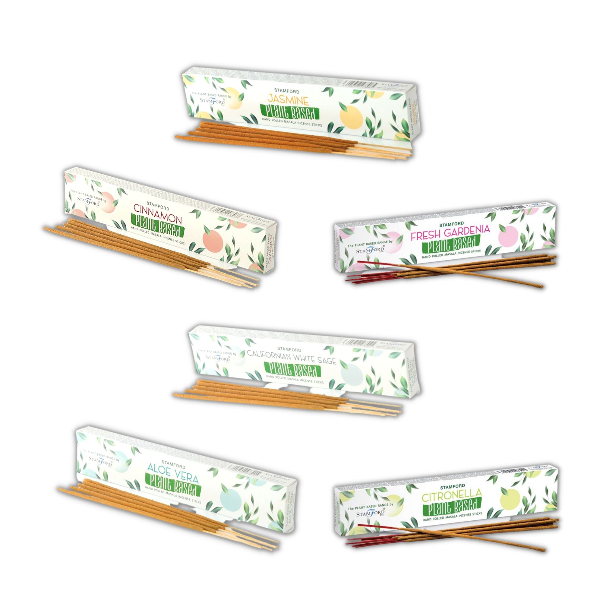 Boîtes d'encens Masala composées de plantes assorties : aloès, sauge blanche de Californie, cannelle, citronnelle, gardénia frais, jasmin