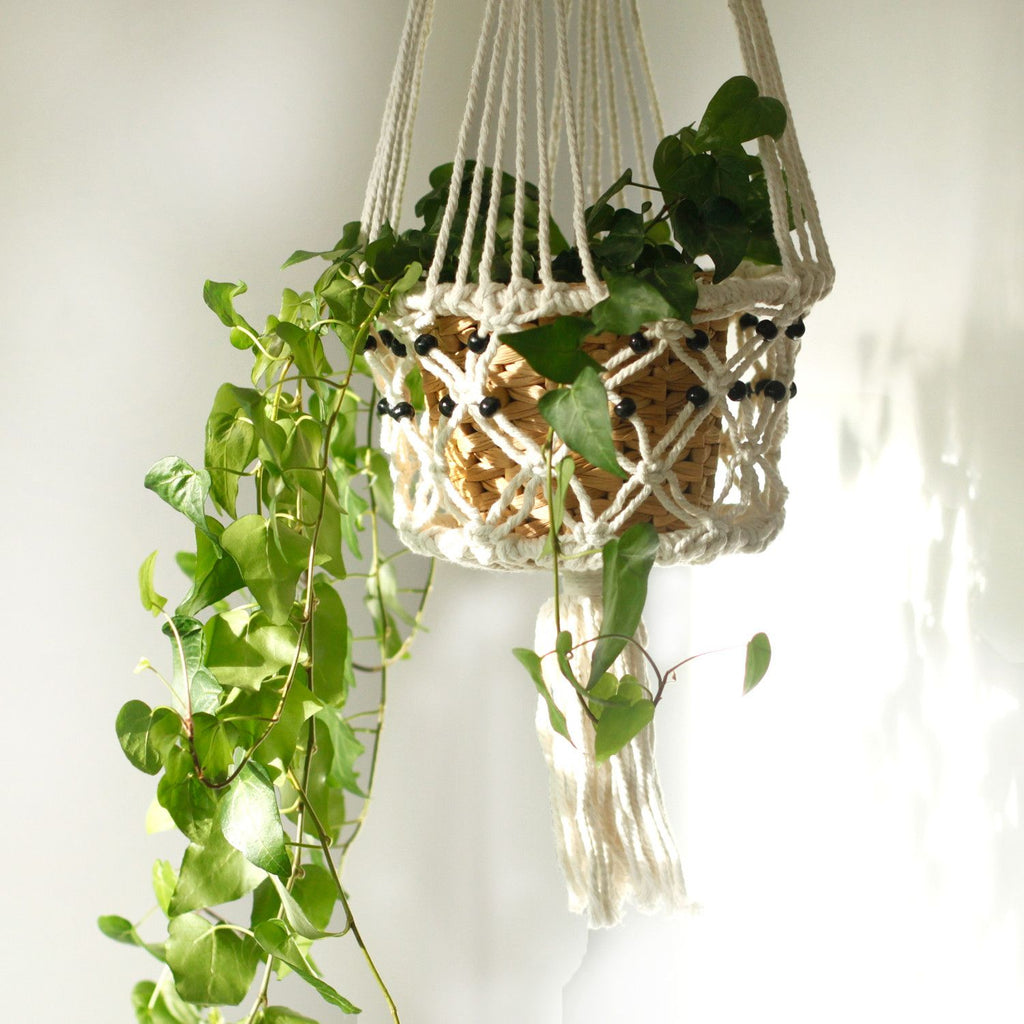 Pot de fleurs en macramé - Grand modèle avec perles