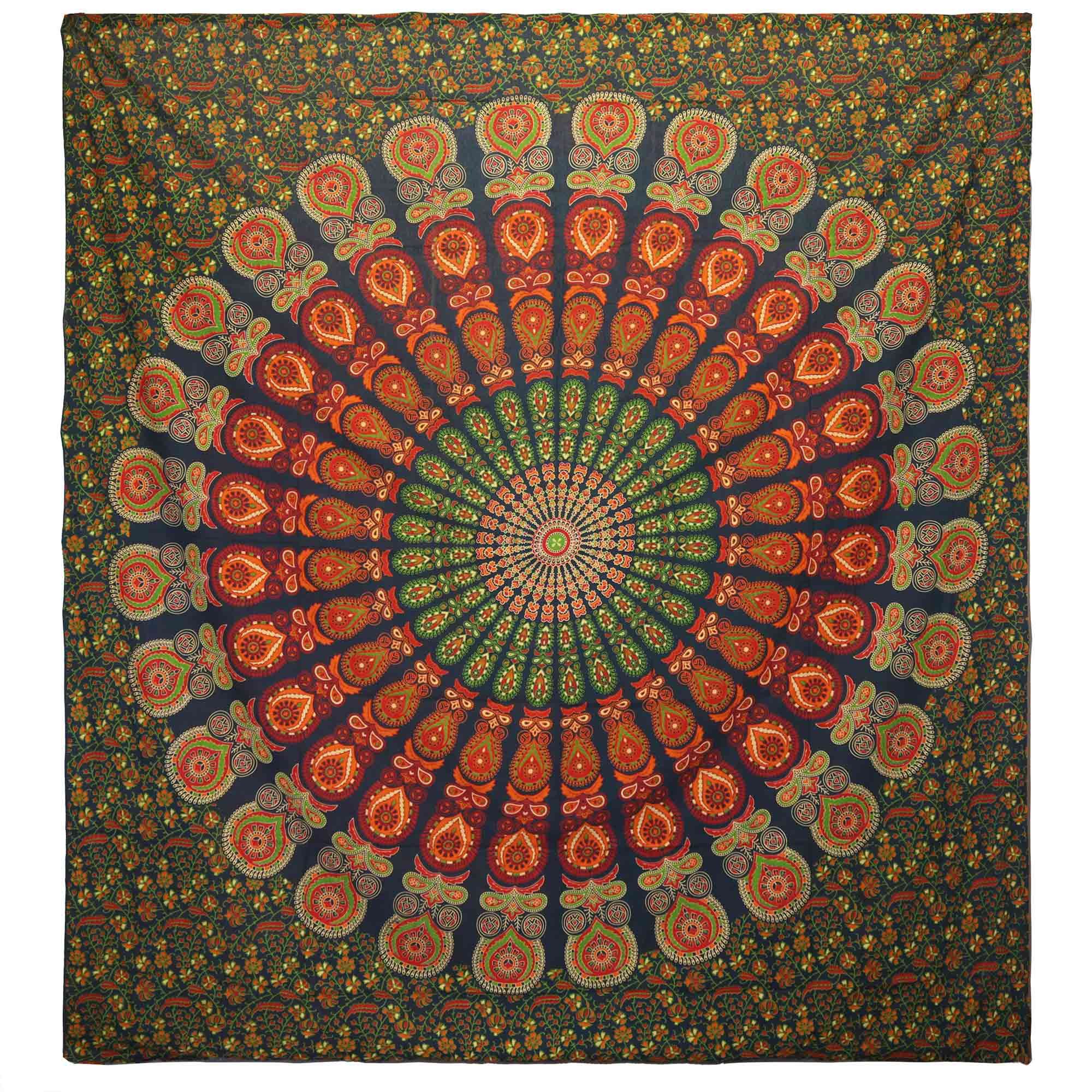 Couette double en coton + tenture murale - Mandala Paon - Vert