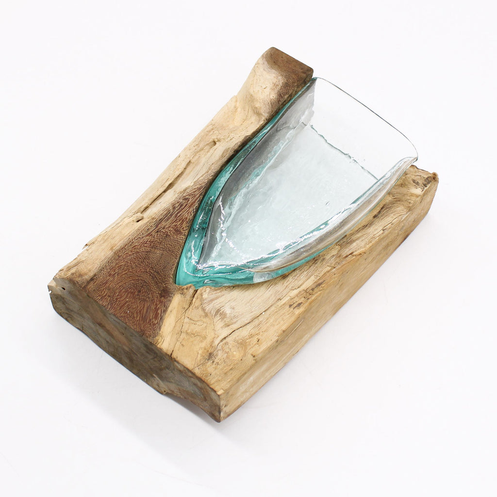 Vase artistique en forme de V, réalisé en verre fusionné sur bois