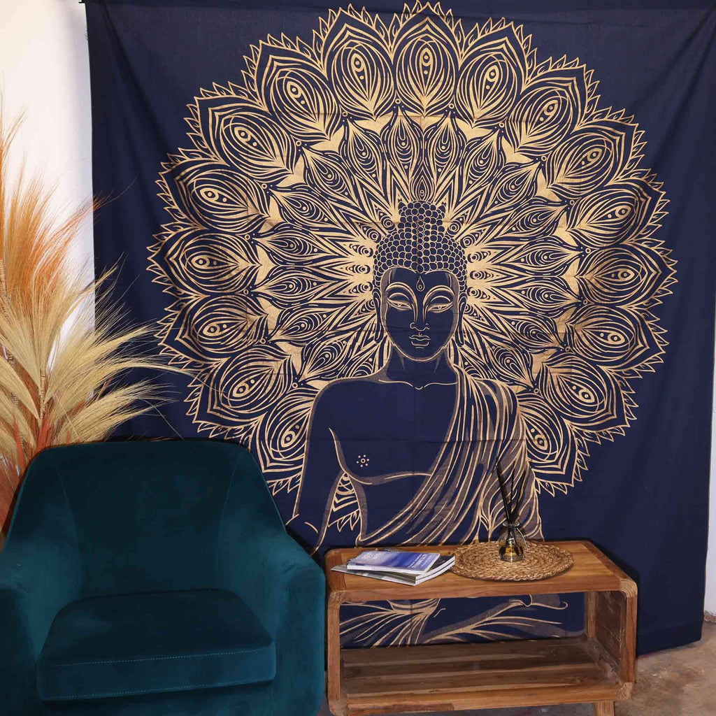 Couette double en coton + tenture murale - Bouddha - Bleu et or