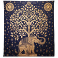 Couette double en coton + tenture murale - Éléphant et arbre - Bleu et or