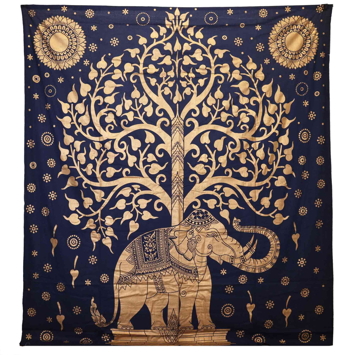Couette double en coton + tenture murale - Éléphant et arbre - Bleu et or
