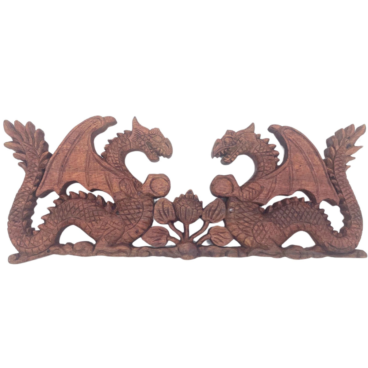 Panneau en bois sculpté - Deux dragons face à face - 40 x 15 cm