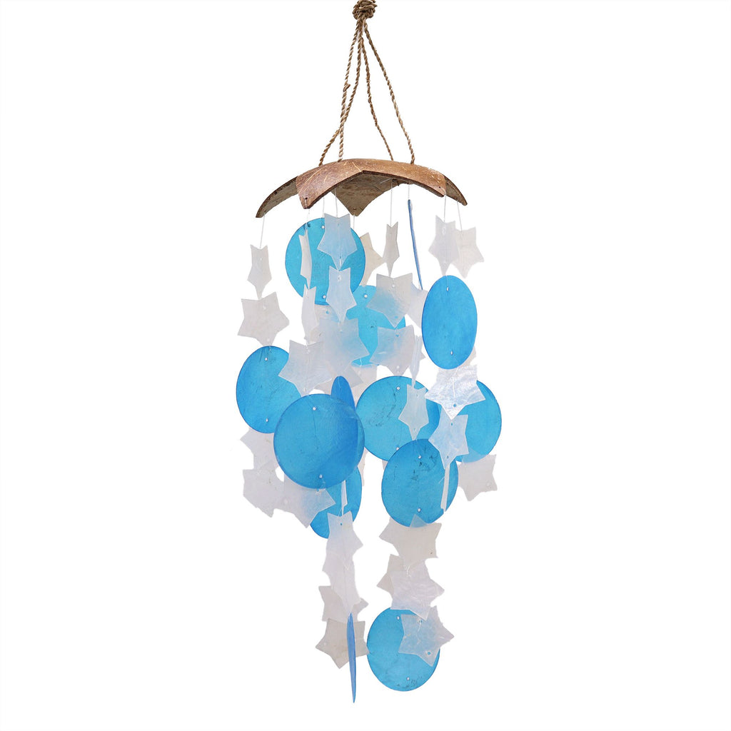 Carillon éolien en noix de coco et nacre de Capiz - Étoiles bleues et blanches - 30 cm