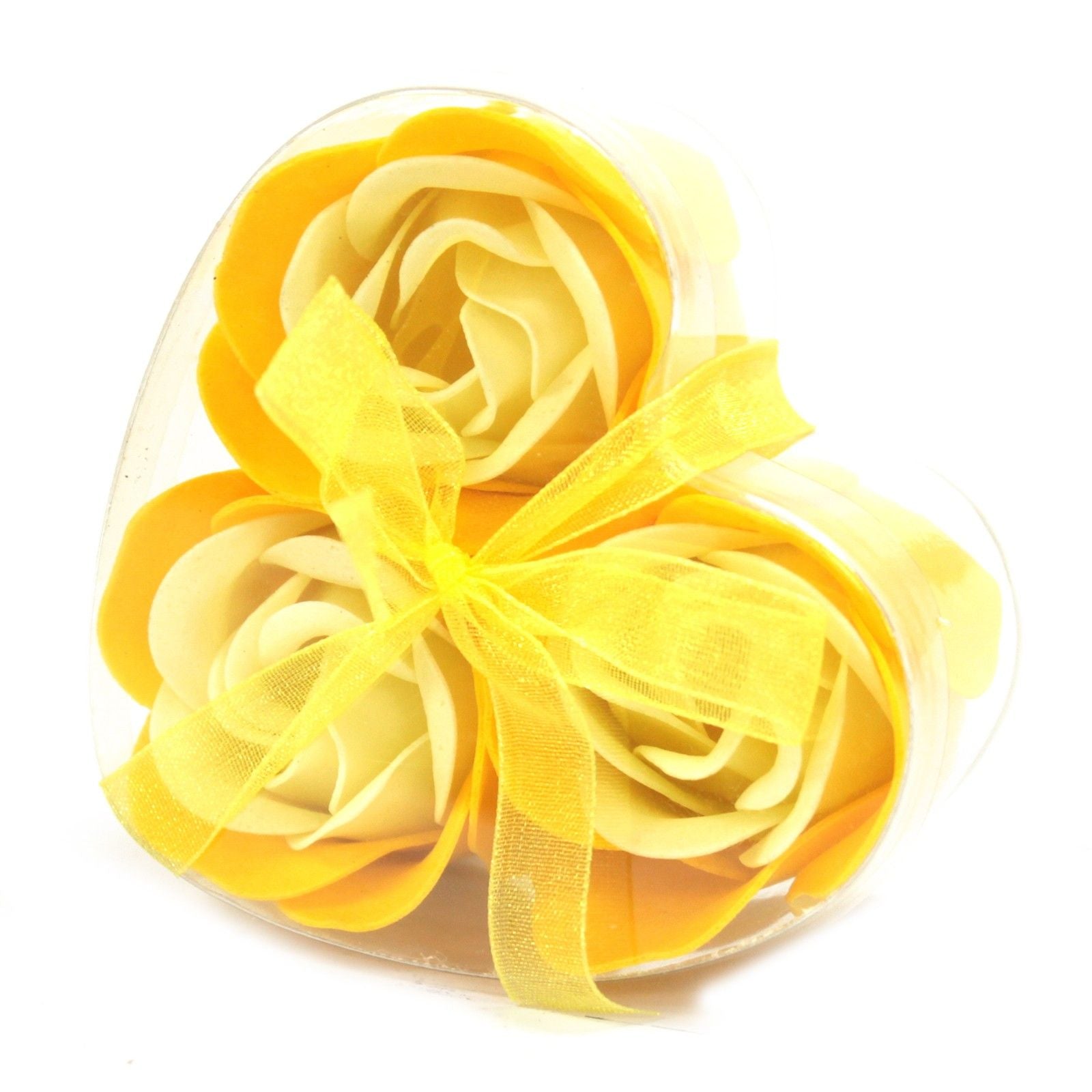 Ensemble de 3 fleurs en savon dans une boîte en forme de cœur - Roses printanières