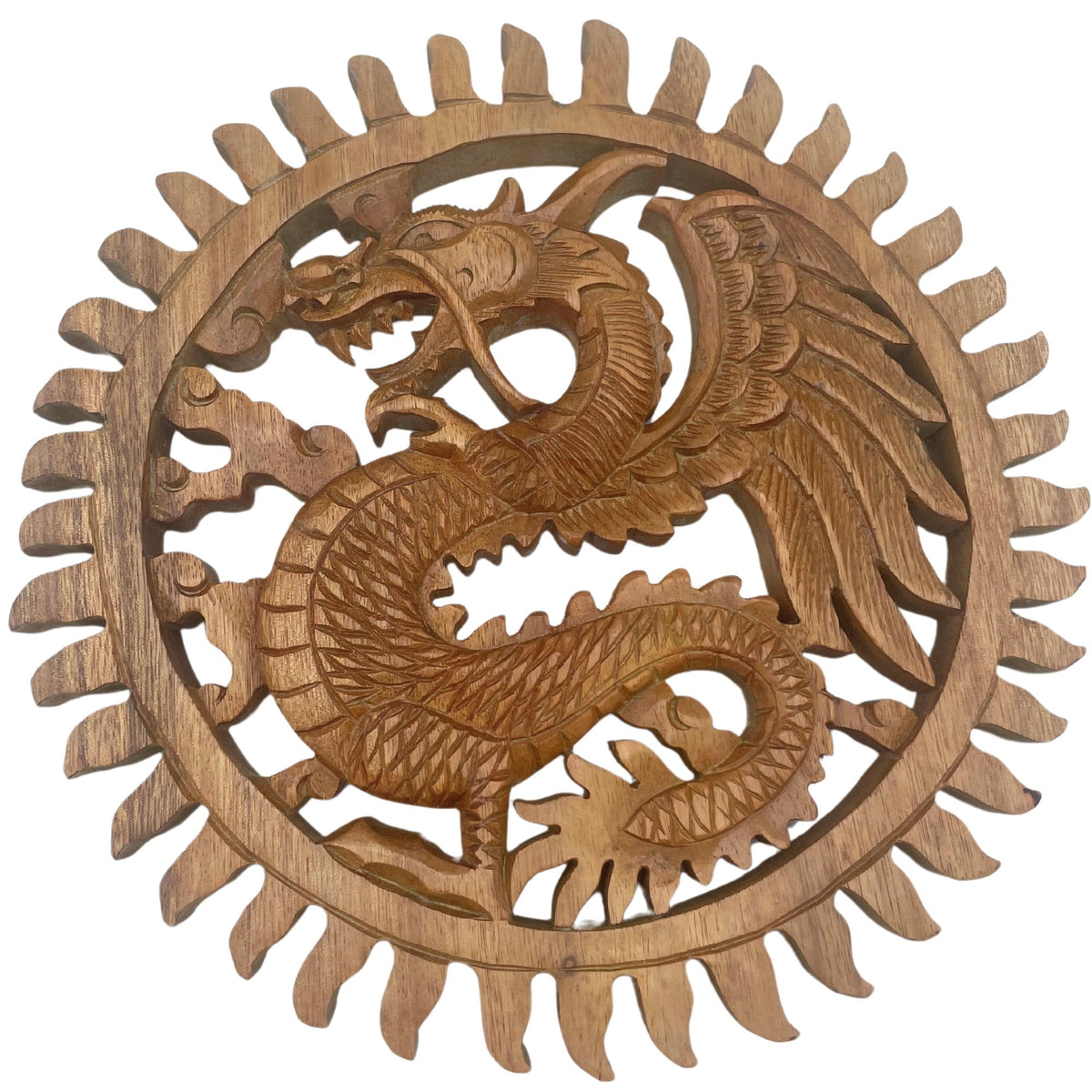 Panneau en bois sculpté - Dragon solaire ailé - 30 cm