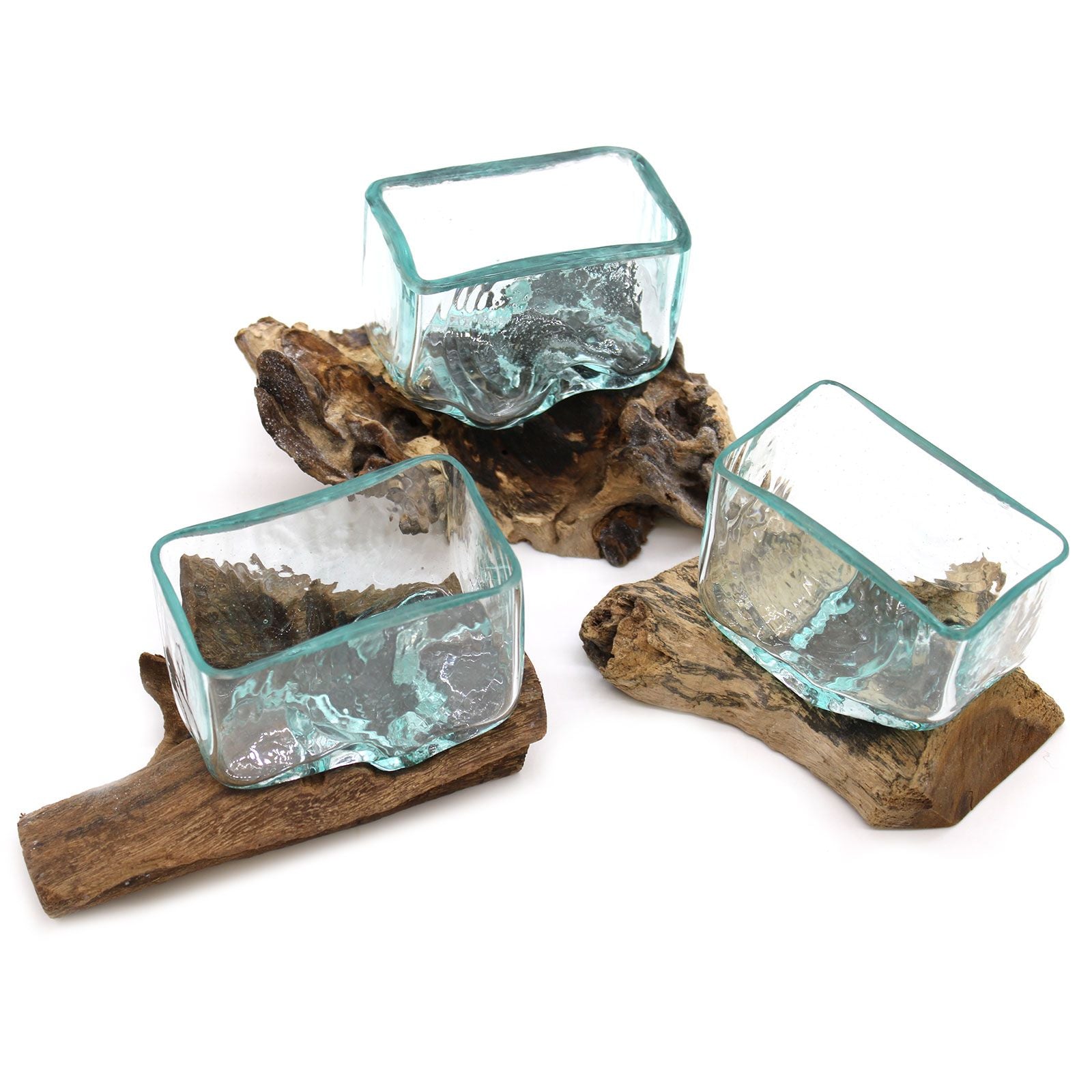 Réservoir en verre fusionné sur support en bois - Petit bol