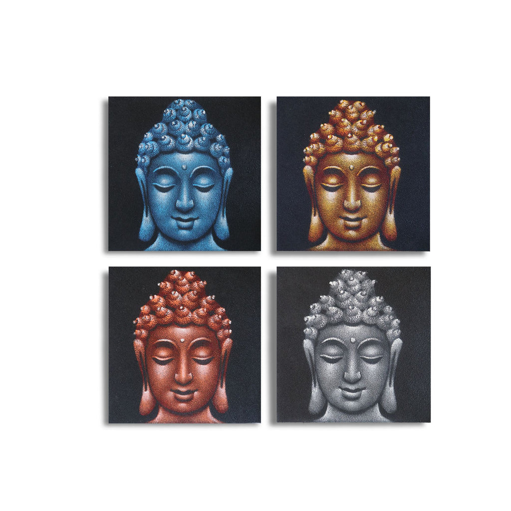 Ensemble de 4 détails de têtes de Bouddha dans le sable 30x30cm