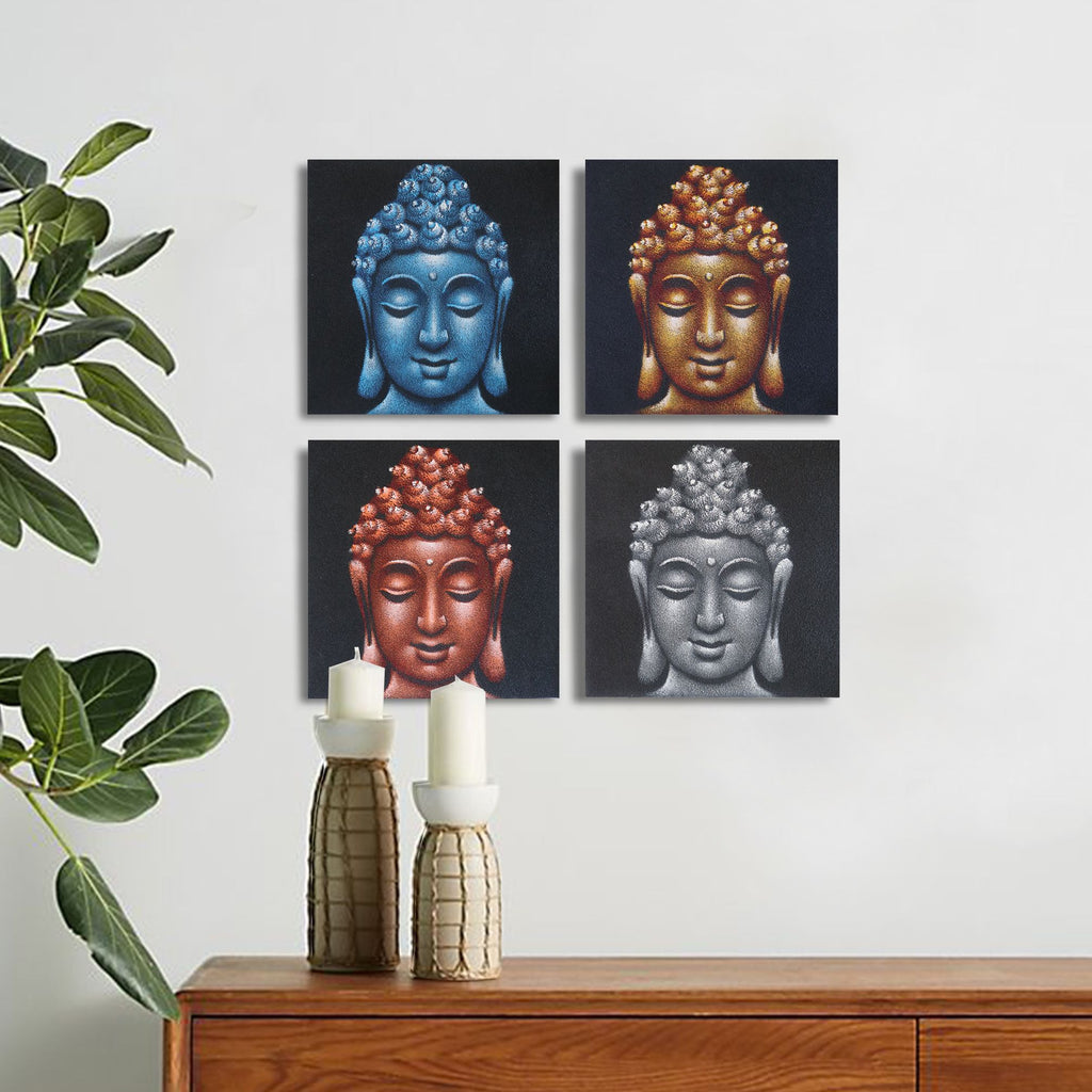 Ensemble de 4 détails de têtes de Bouddha dans le sable 30x30cm