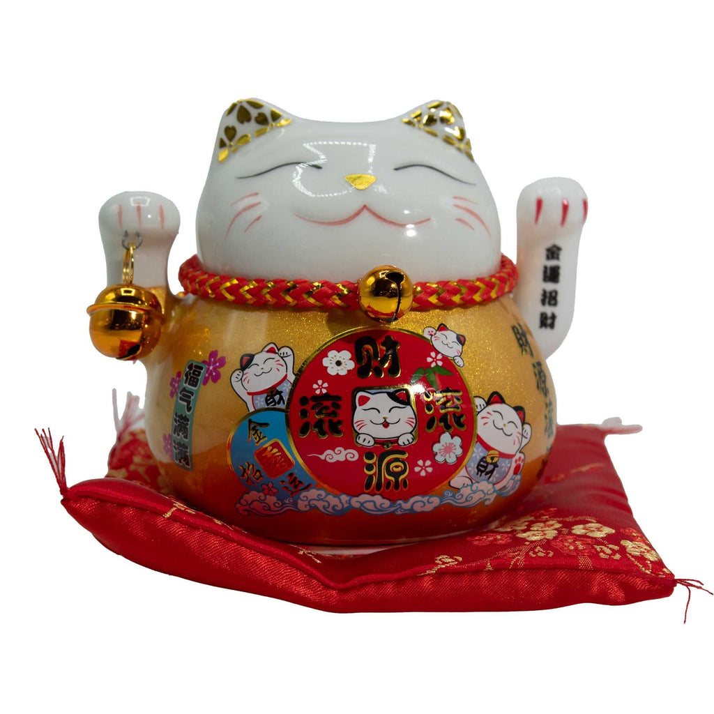 Chat porte-bonheur en céramique avec patte mobile - Coussin doré