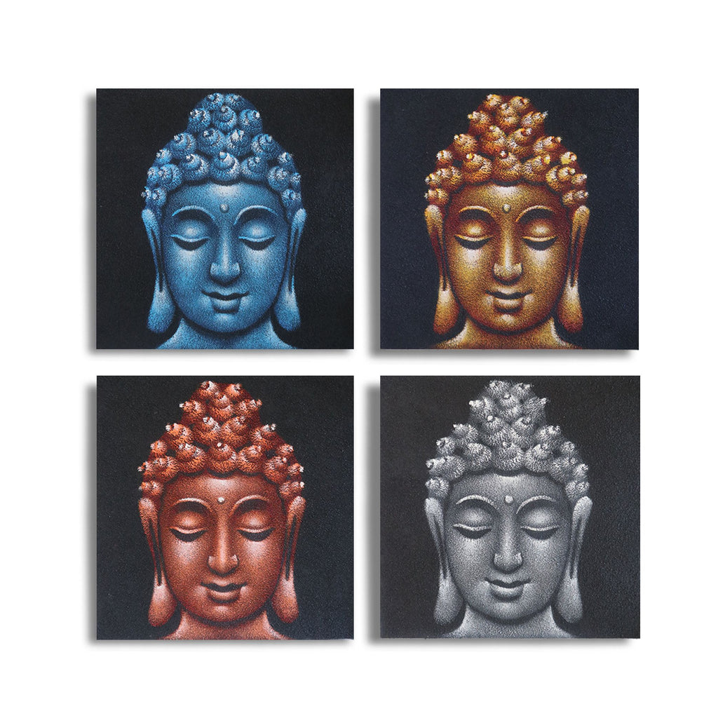 Ensemble de 4 détails de têtes de Bouddha dans le sable 40x40cm
