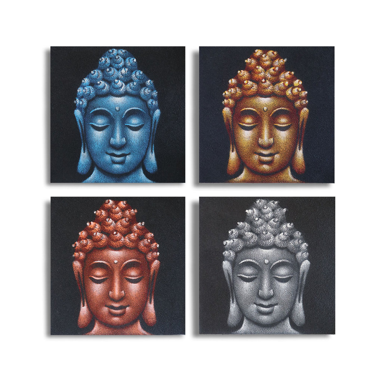 Ensemble de 4 détails de têtes de Bouddha dans le sable 40x40cm