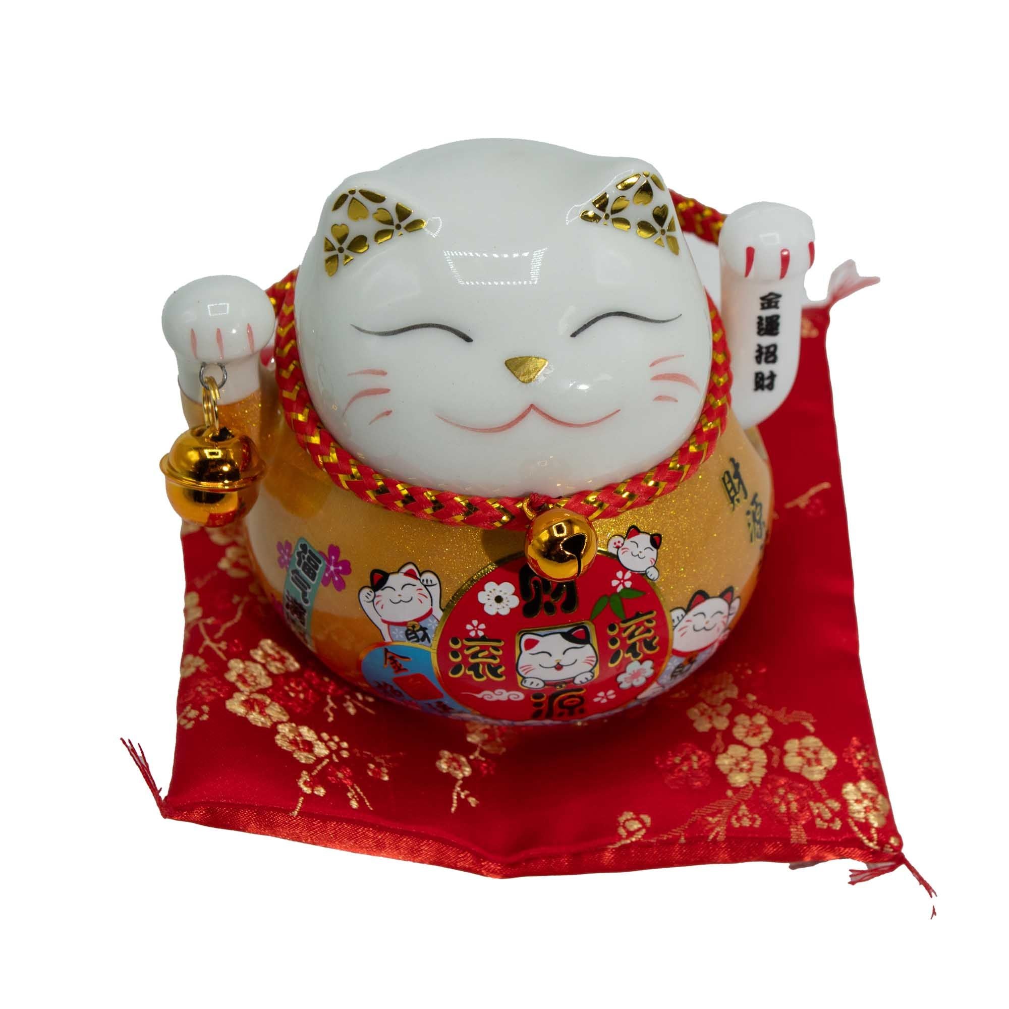 Chat porte-bonheur en céramique avec patte mobile - Coussin doré