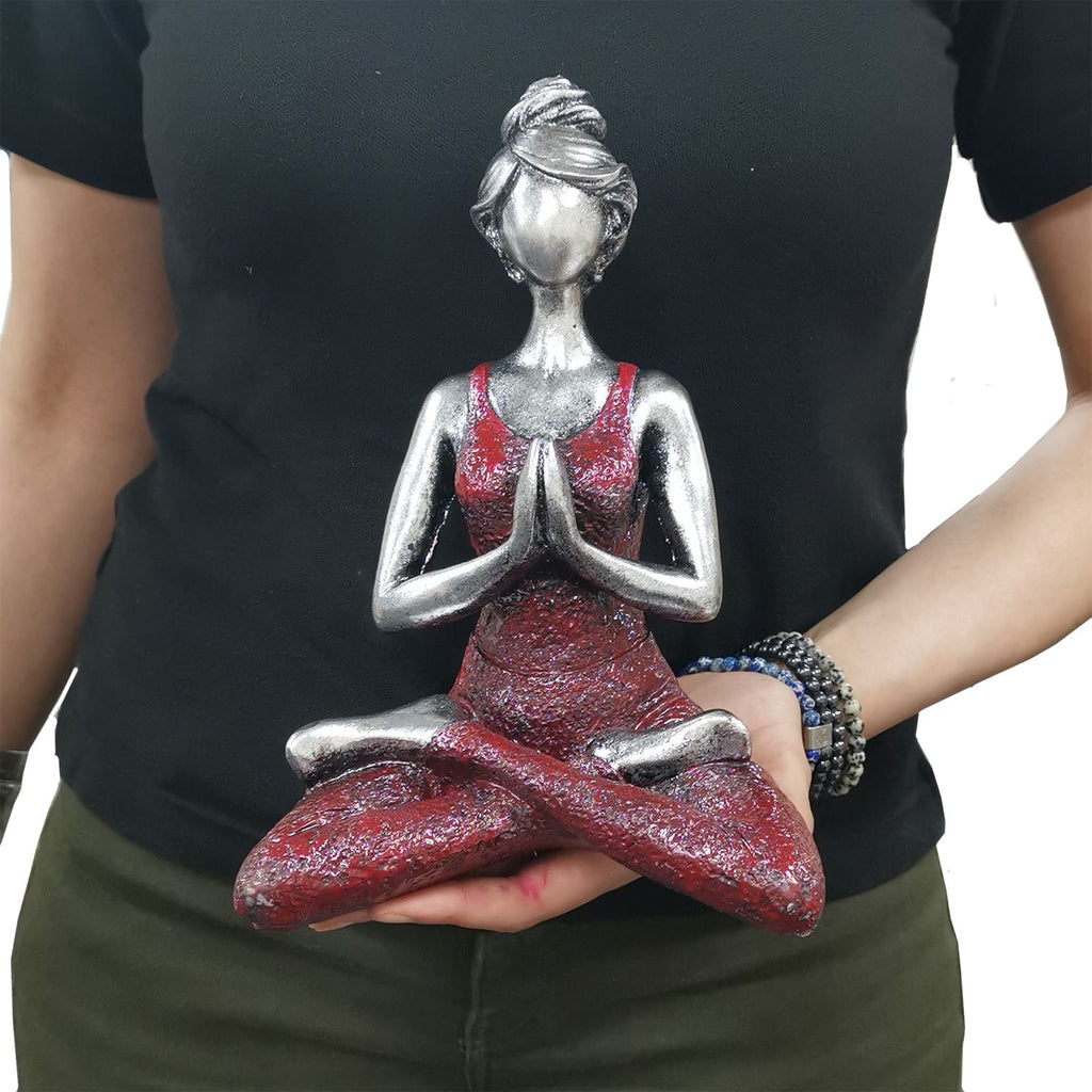 Figurine de femme pratiquant le yoga - Argent et Bordeaux 24 cm