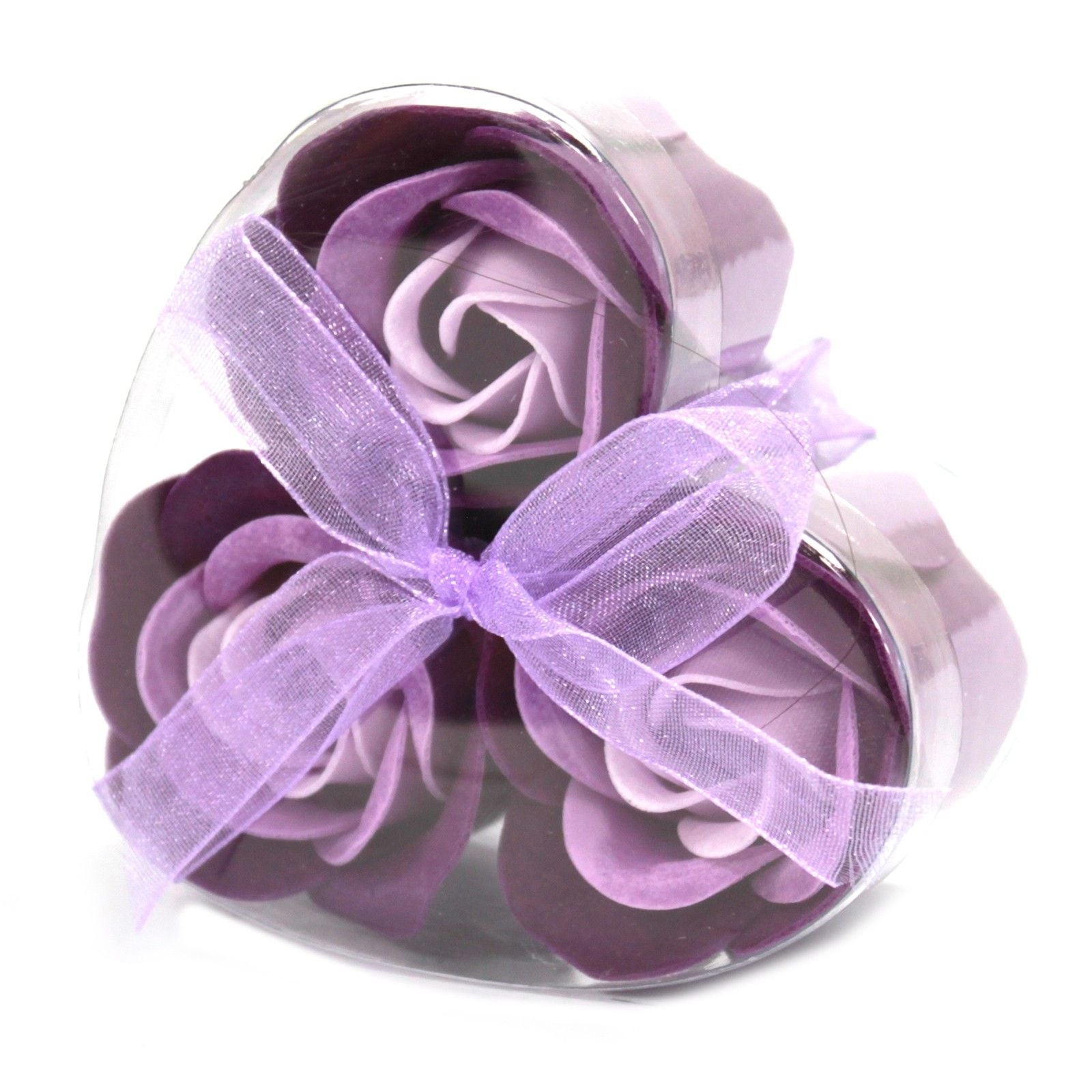 Coffret de 3 fleurs en savon dans une boîte en forme de cœur - Roses et lavande
