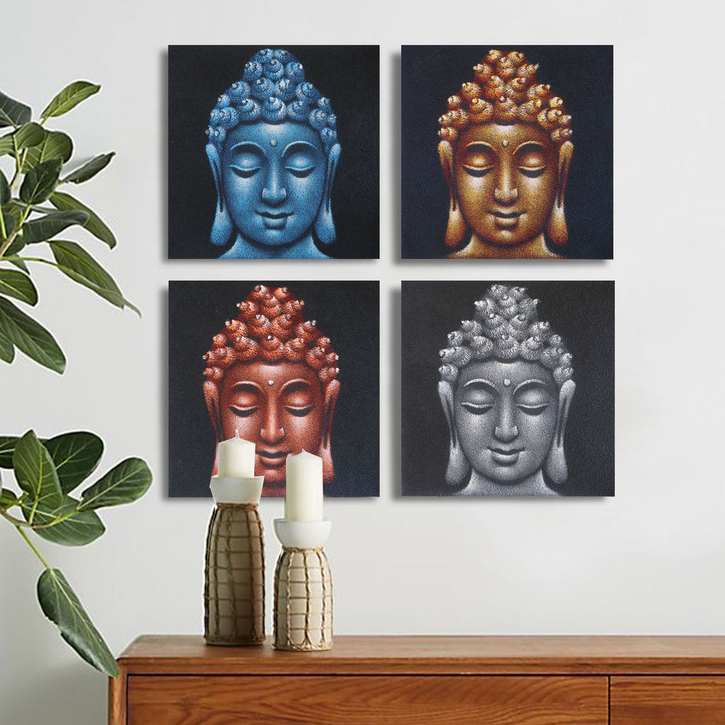 Ensemble de 4 détails de têtes de Bouddha dans le sable 40x40cm