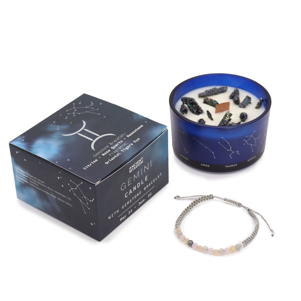 Bougie en cristal du zodiaque avec bracelet en pierre précieuse - Gémeaux