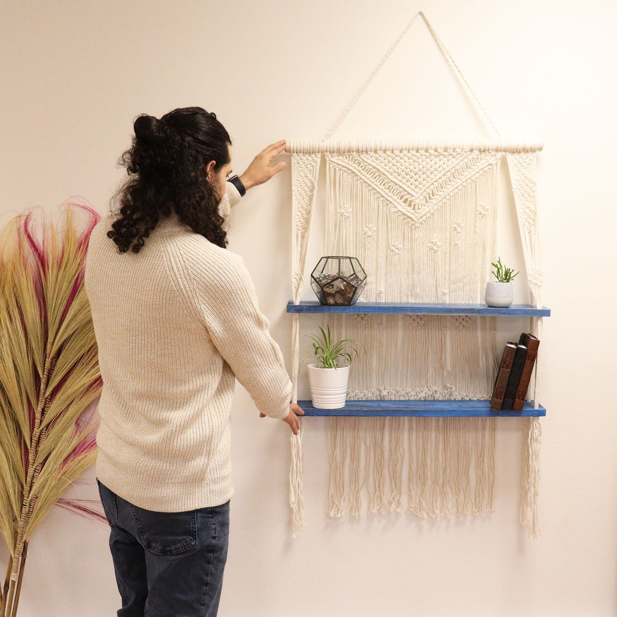 Étagères suspendues en macramé naturel - Bleues