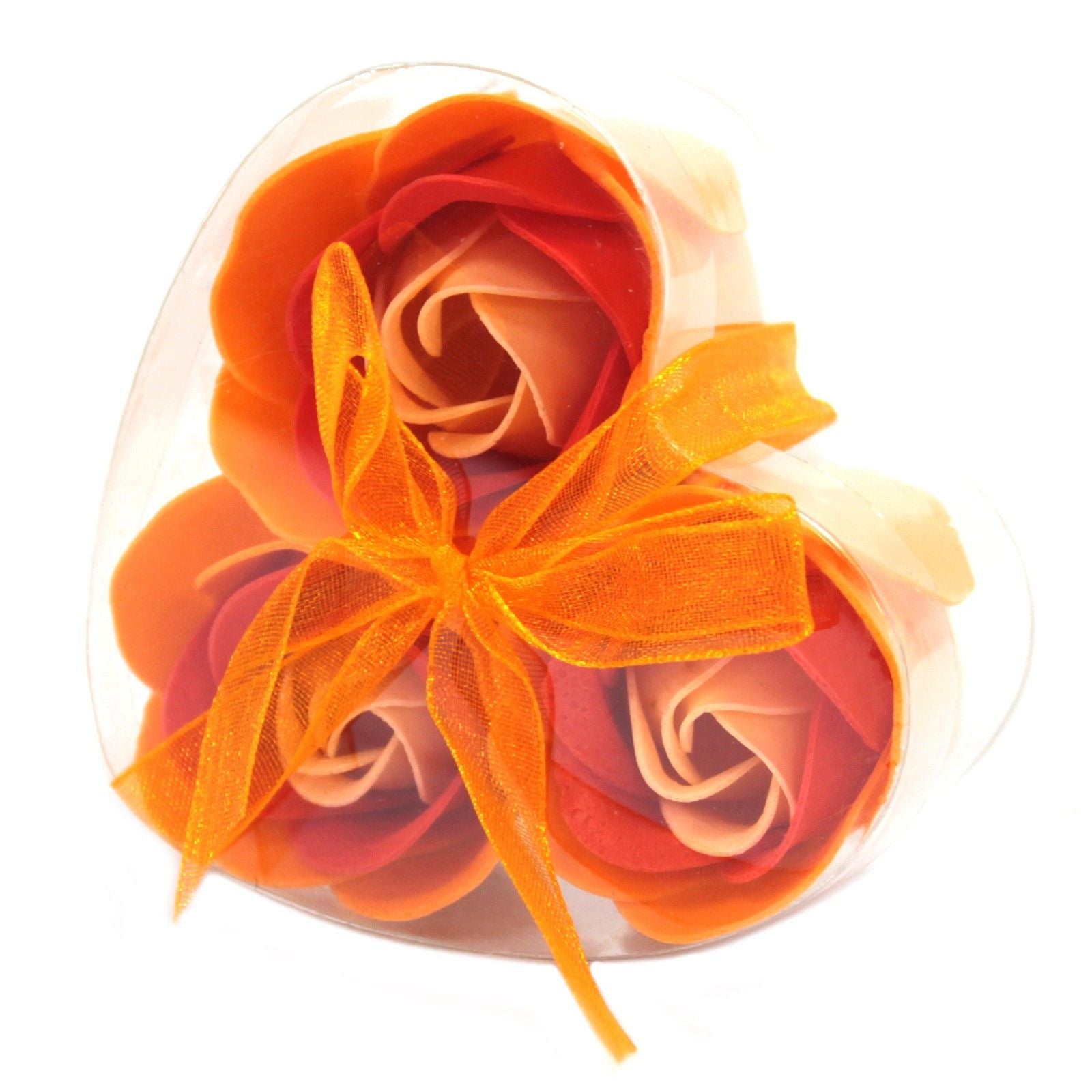 Ensemble de 3 fleurs en savon dans une boîte en forme de cœur - Roses pêche