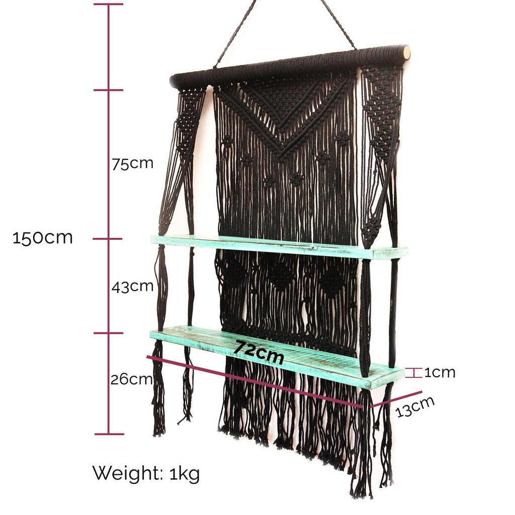 Étagères suspendues en macramé noir - Turquoise