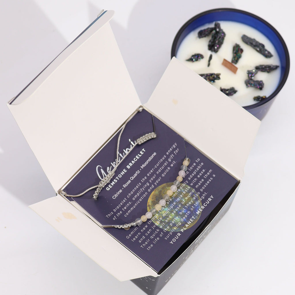 Bougie en cristal du zodiaque avec bracelet en pierre précieuse - Gémeaux