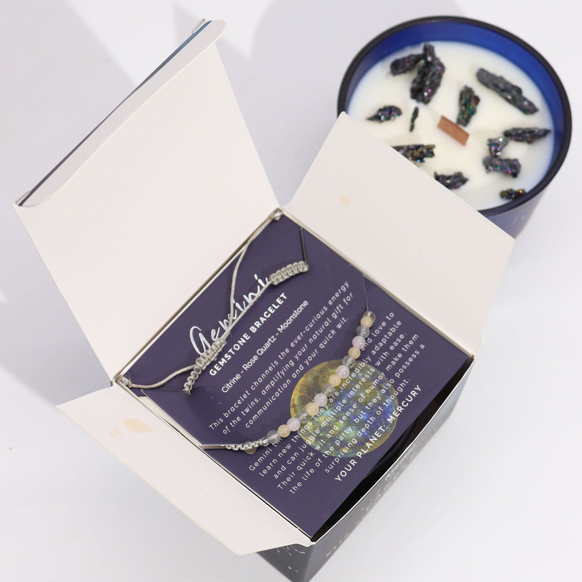 Bougie en cristal du zodiaque avec bracelet en pierre précieuse - Gémeaux