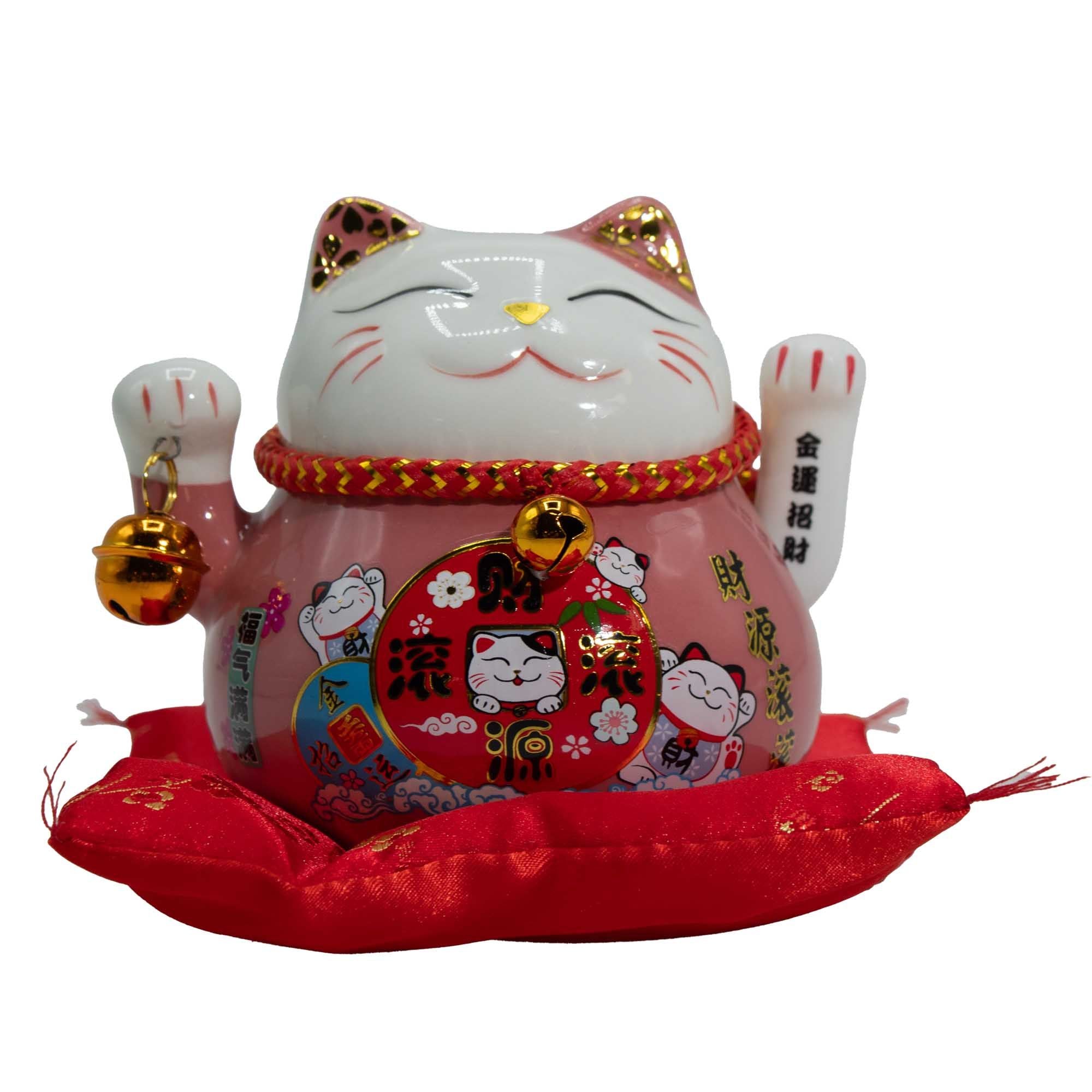 Chat porte-bonheur en céramique avec patte mobile - Rose sur coussin (pile non incluse)