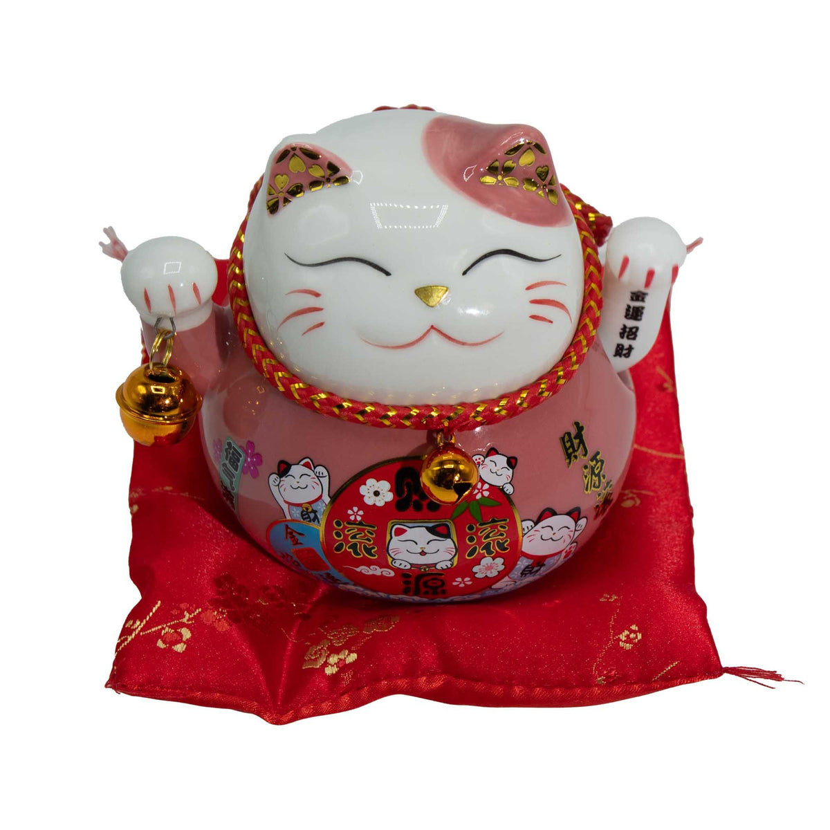 Chat porte-bonheur en céramique avec patte mobile - Rose sur coussin (pile non incluse)