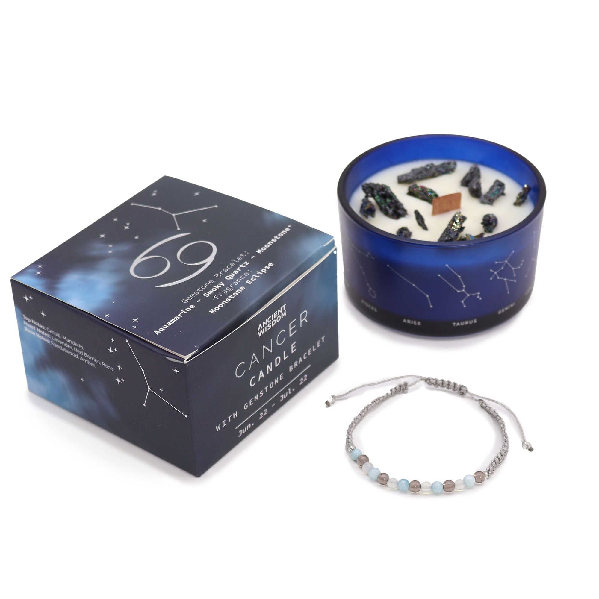 Bougie en cristal du zodiaque avec bracelet en pierres précieuses - Cancer