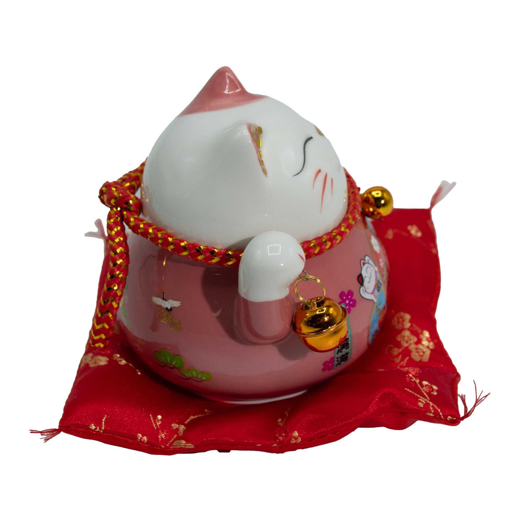 Chat porte-bonheur en céramique avec patte mobile - Rose sur coussin (pile non incluse)