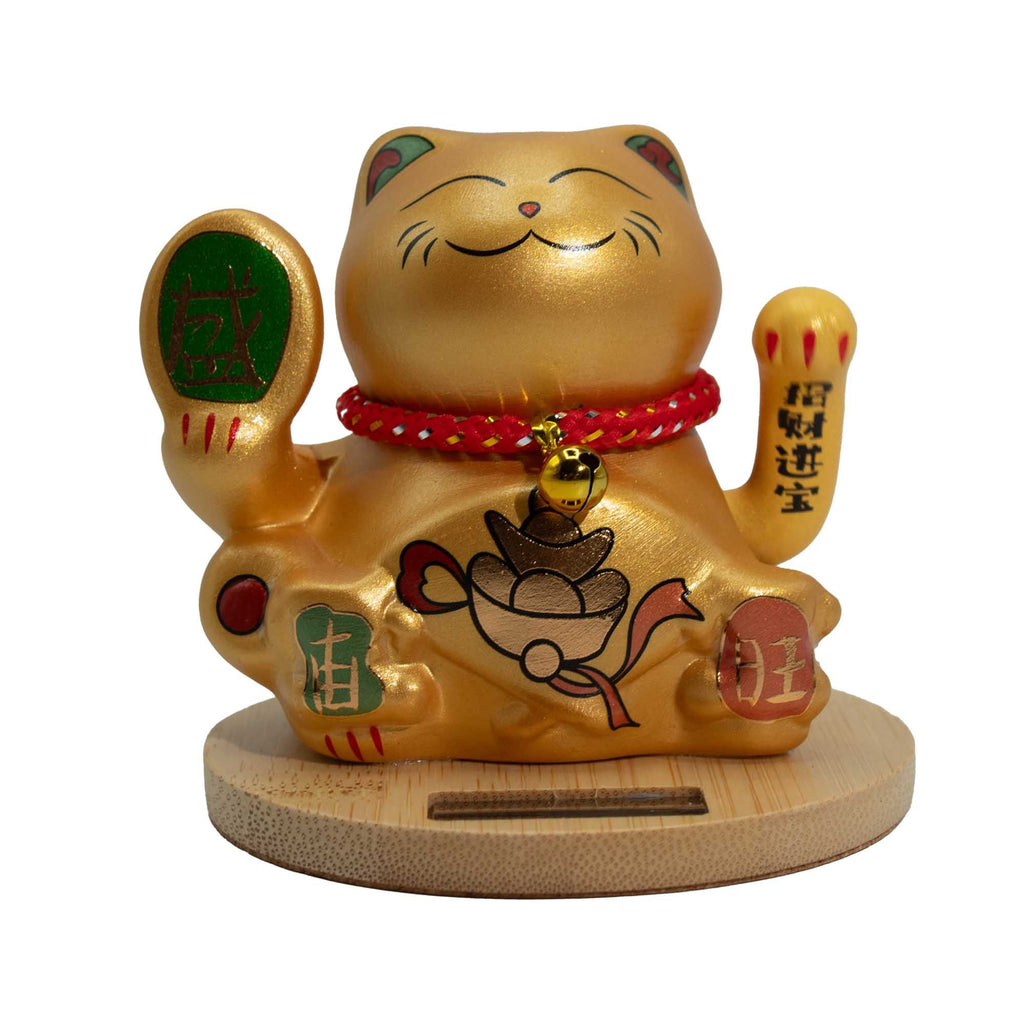 Chat solaire porte-bonheur avec socle en bois - Mobile Golden Hand