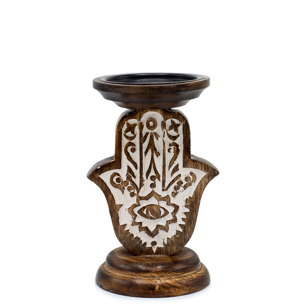 Bougeoir en bois de manguier - Hamsa - Petit modèle 18 x 11 cm
