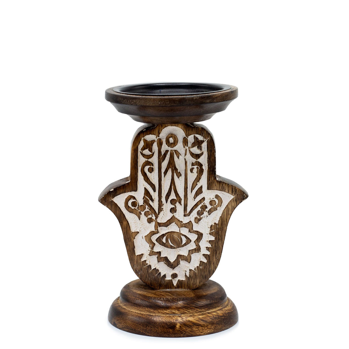 Bougeoir en bois de manguier - Hamsa - Petit modèle 18 x 11 cm