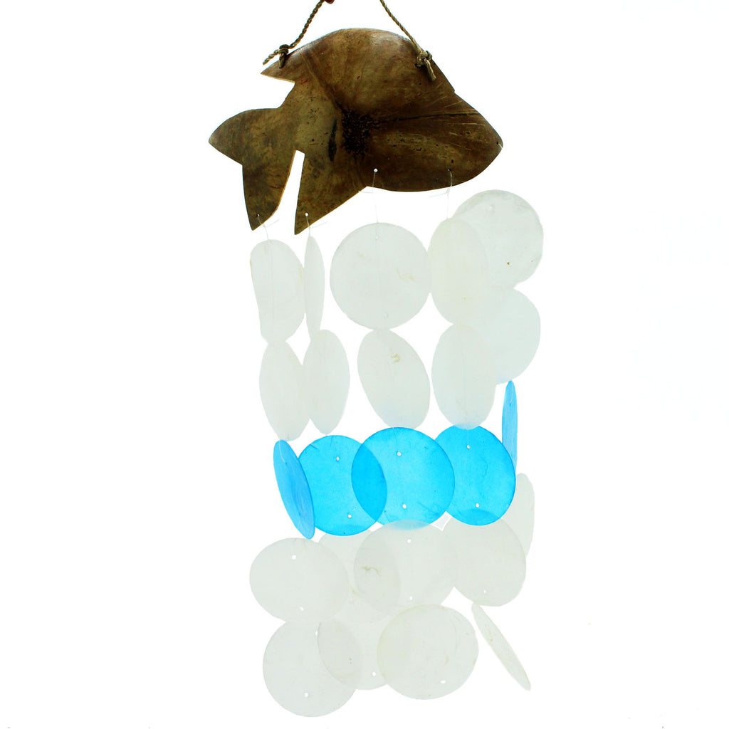 Carillon éolien en noix de coco et nacre de Capiz - Dauphins bleus - 30 cm