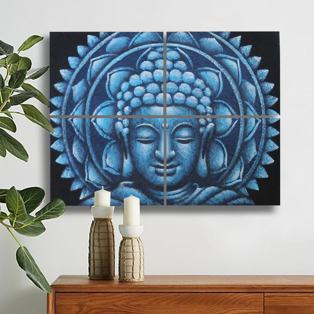 Détail d'un brocart mandala Bouddha bleu 30x40cm x 4