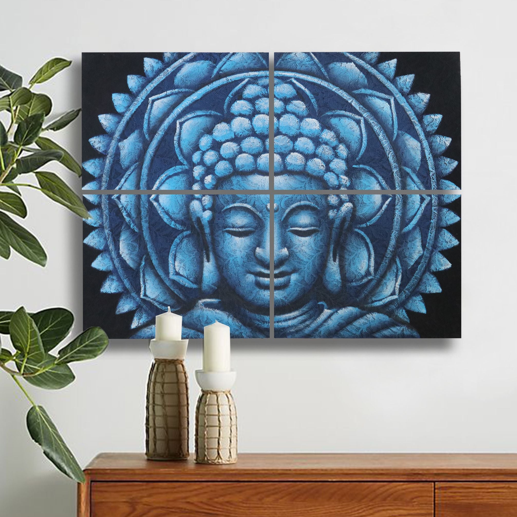 Détail d'un brocart mandala Bouddha bleu 30x40cm x 4