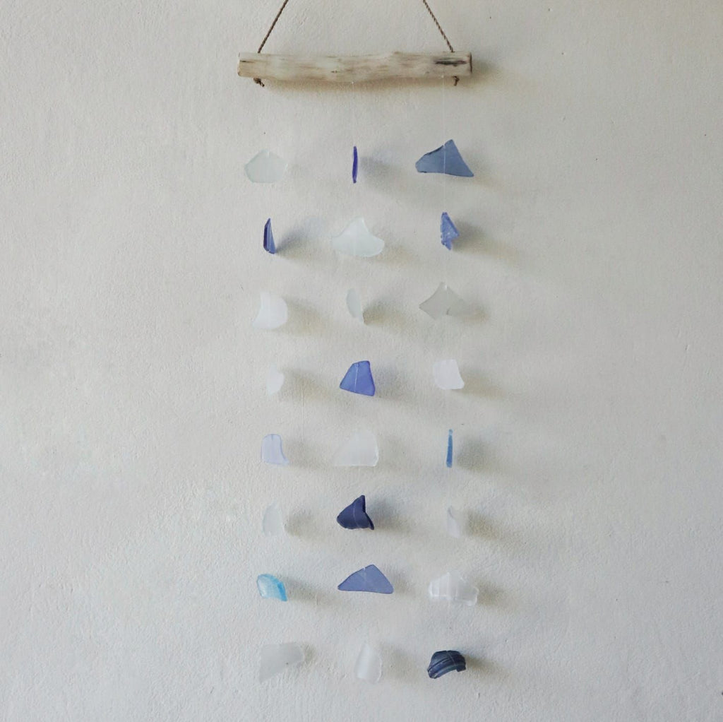 Carillon éolien en verre recyclé - Trois cordes - Bleu et blanc