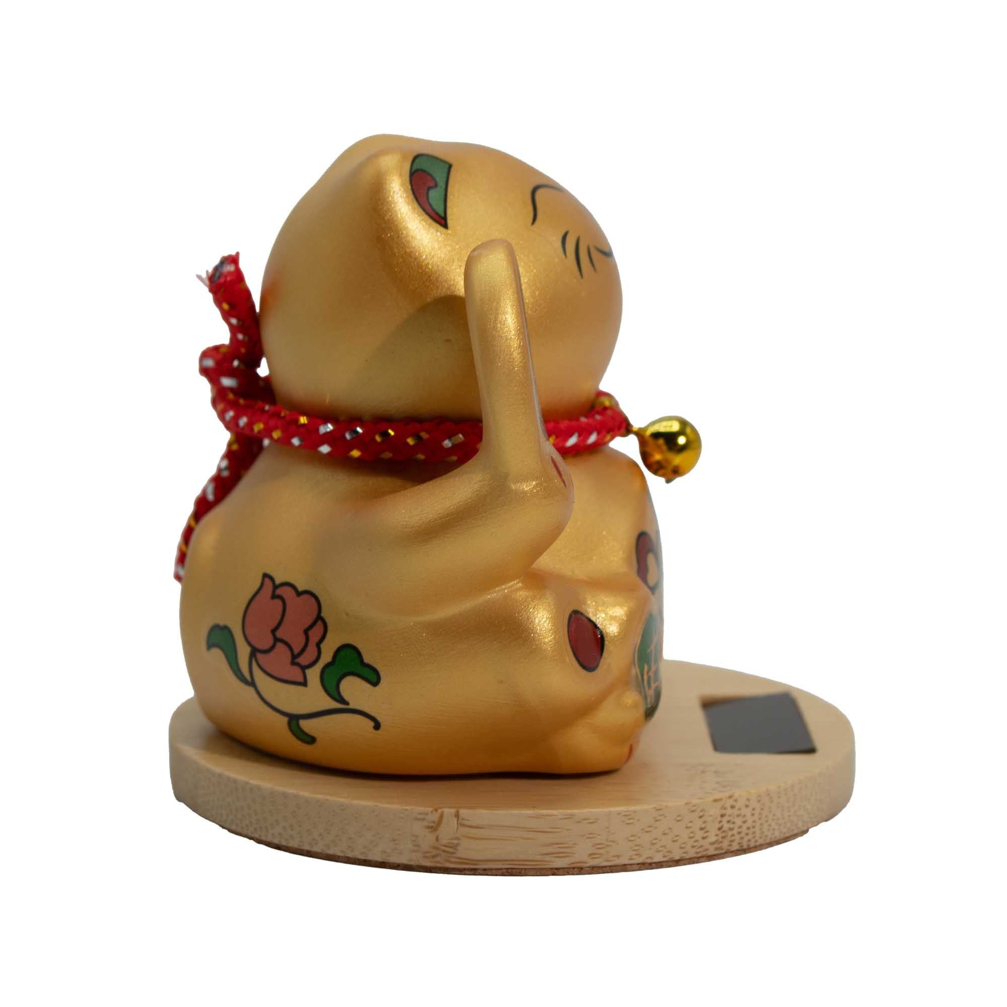 Chat solaire porte-bonheur avec socle en bois - Mobile Golden Hand