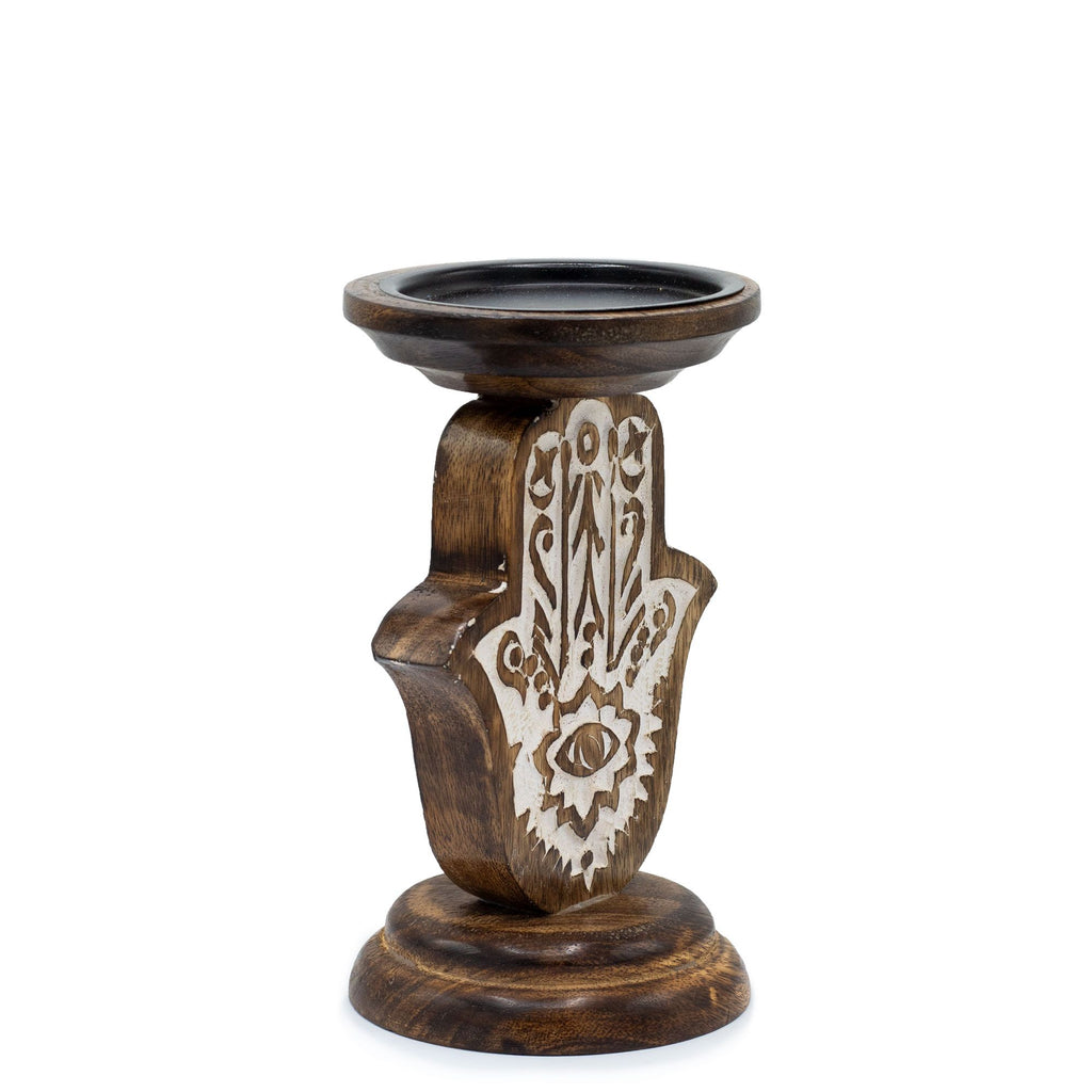 Bougeoir en bois de manguier - Hamsa - Petit modèle 18 x 11 cm