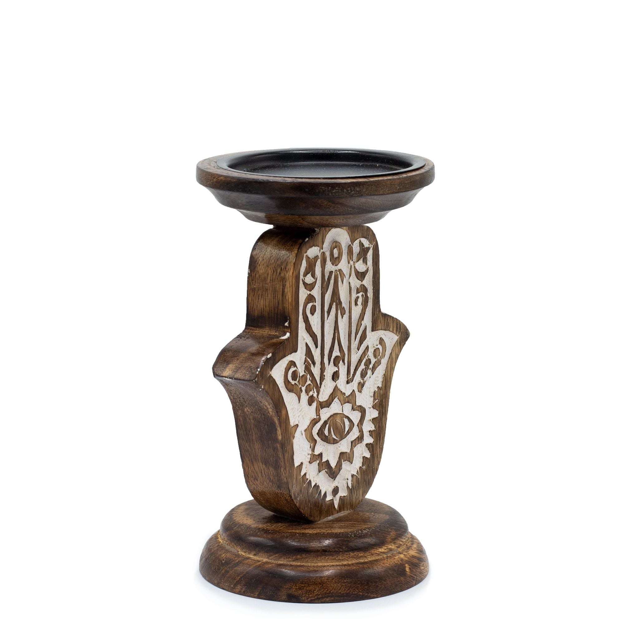 Bougeoir en bois de manguier - Hamsa - Petit modèle 18 x 11 cm