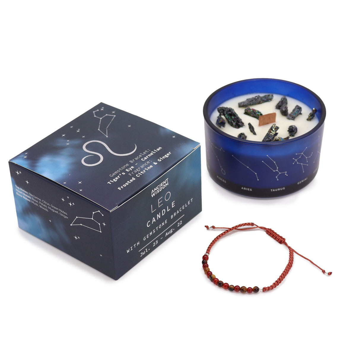 Bougie en cristal du zodiaque avec bracelet en pierre précieuse - Lion