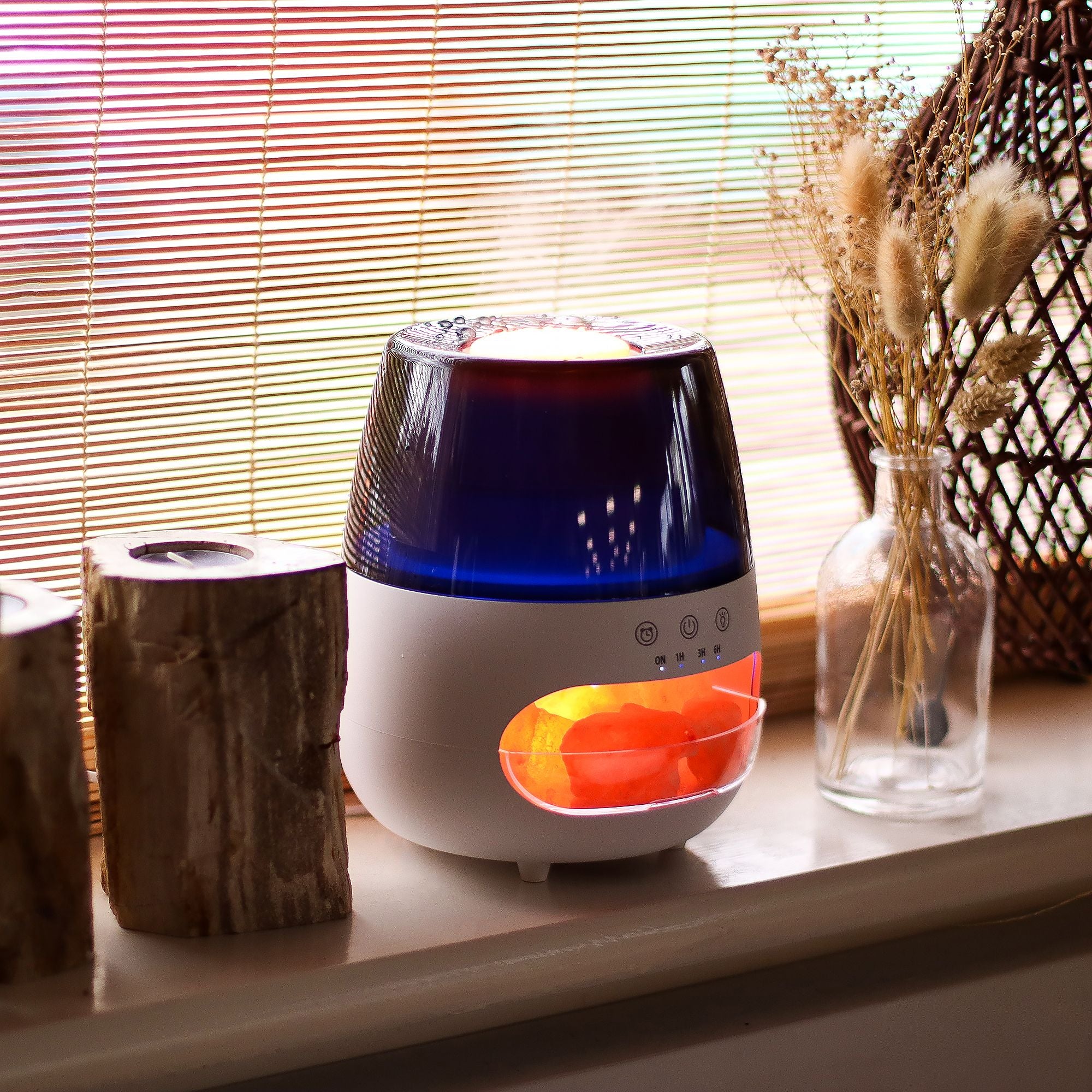 Diffuseur d'arômes avec effet flamme de pierre de sel - USB blanc - Changement de couleur et minuterie