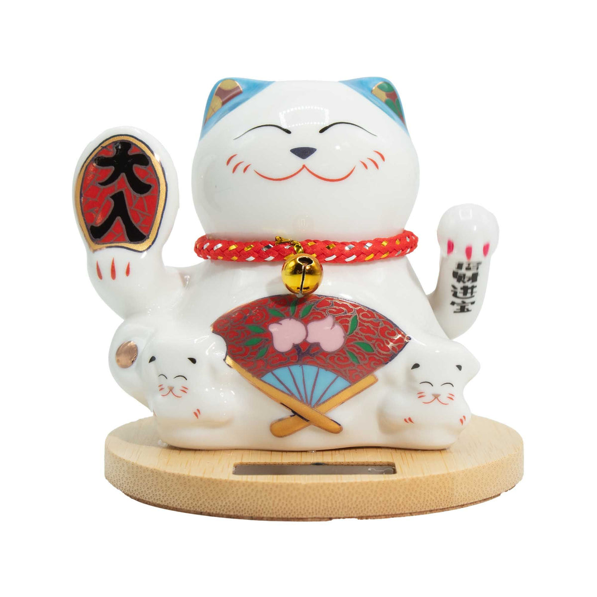 Chat porte-bonheur solaire avec socle en bois - Main bleue mobile